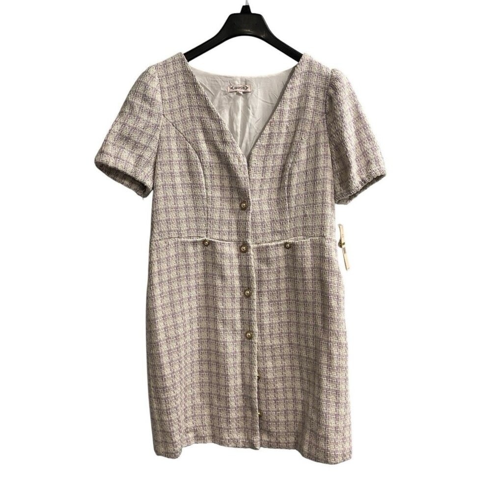 Nanette Lepore Tweed Button Front Short Sleeve Dress Purple Gold Women's‎ 14